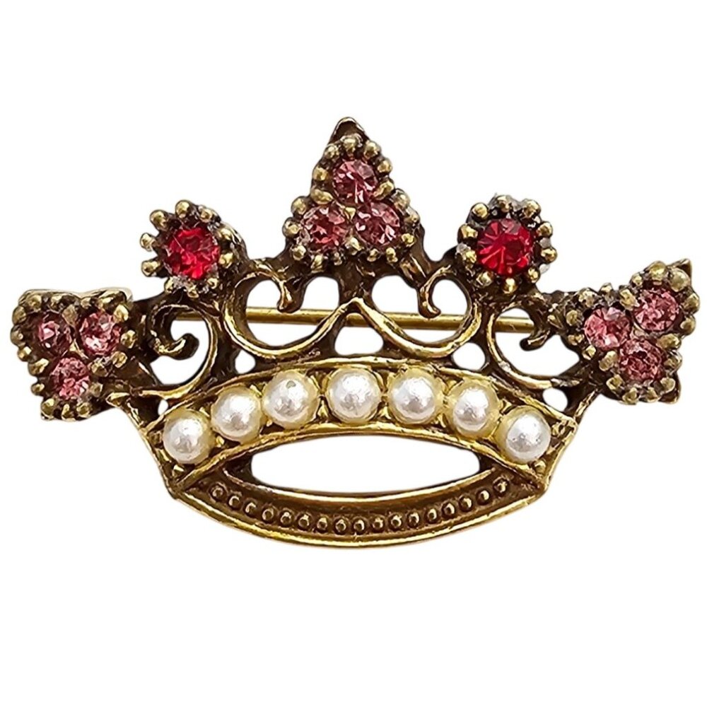 Accessocraft  Small Pink Red Rhinestone Crown Brooch Faux Pearl Pin Signed, C994